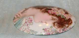 Antique Miniature Portrait Porcelain Art Nouveau Lady C1910 Brooch 