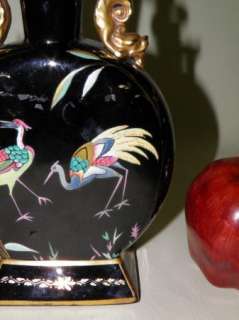Chinese Black & Gold Crane & Dragon Moon Flask Vase  