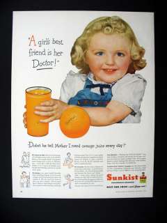 Sunkist Oranges Orange Juice Little Girl 1944 print Ad  