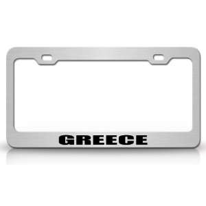 GREECE Country Steel Auto License Plate Frame Tag Holder, Chrome/Black