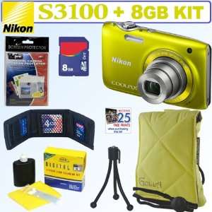  Nikon Coolpix S3100 14 MP Digital Camera (Yellow) + 8GB 