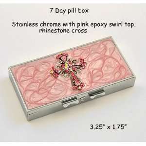 Seven Day Weekly Hinged Pill Box Pillbox   Stainless Chrome with Pink 