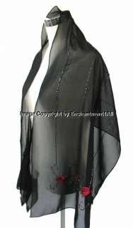 Handrolled Beaded Silk Scarf Shawl Wrap w/ Roses, Black  