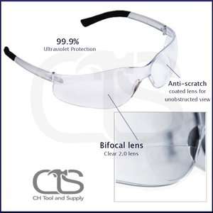 pairs Dane Clear Safety Glasses Diopter 2.0,bifocals  