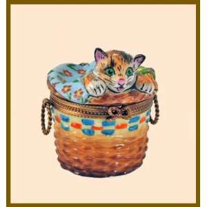    Cute Kitty Cat in a Basket French Limoges Box