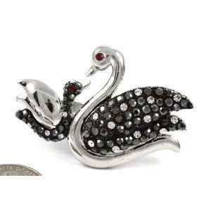   Black Crystal Covered Mommy with Baby Swan Ring Silver Tone Jewelry