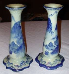 Blue Willow   Ironstone   Flow Pattern   Candle Holders  
