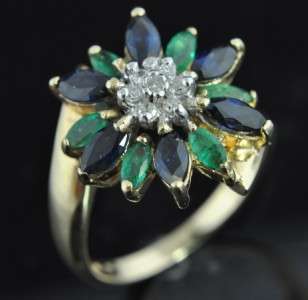 14K Gold Natural Emerald Sapphire Diamond Flower Ring  