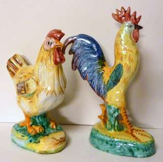 Pair Vintage signed Italian Majolica 13 Rooster & Hen Figures  