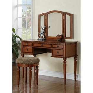 Poundex 3 pc Brown finish wood make up bedroom vanity set with curved 