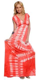 Short Capped Sleeve Coral Tie Dye Print V Neck Lightweight Summer Maxi 