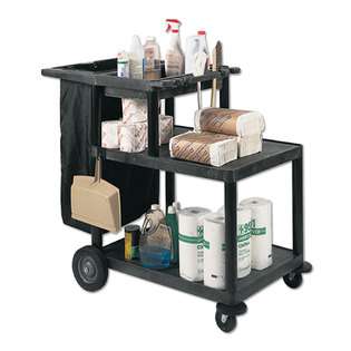 Luxor Janitorial Cart With 3 Shelves And Nylon Trash Bag 