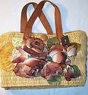PULICATI STRAW HANDBAG W/ 3D ANTIQUE ROSES ON FRONT LEATHER STRAP NWT