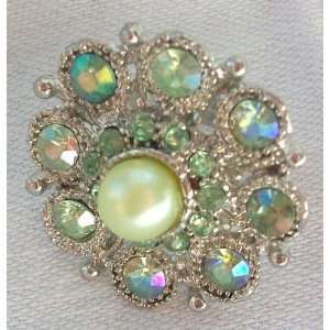   Large Green and Silver Pearl Crystal Stone Fashion Costume Ring