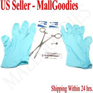   Piercing Kit Clamp Barbell Needle Gloves Alcohol Wipes 7pc Set  