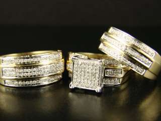   GOLD LADIES + MENS WEDDING BAND ENGAGEMENT DIAMOND TRIO SET  