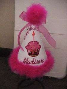 Personalized Pink Happy First Birthday Pary hat W/Boa  