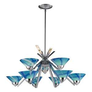  9 LIGHT CHANDELIER IN POLISHED CHROME AND CARRIBEAN GLASS 