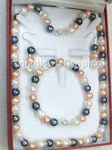   color freshwater pearl necklace bracelet earring ss925 stud set  