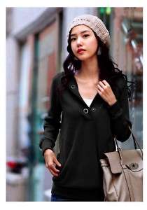 Women Long Outerwear Hoodie V Neck Sweatshirt Black #48  