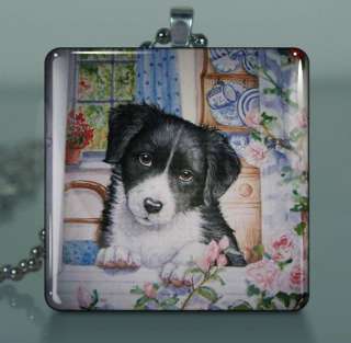Sweet Border COLLIE PUPPY Dog~Large Square Glass Tile Pendant Art 