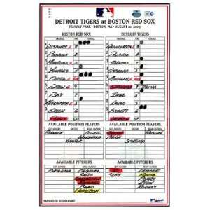  Tigers at Red Sox 8 10 2009 Game Used Lineup Card (MLB 