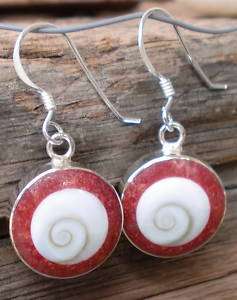 Red Coral and Shiva Shell Sterling Earrings  