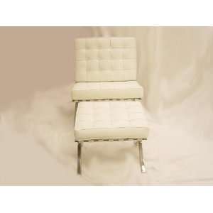  Barcelona Style White Leather Chair & Ottoman Set