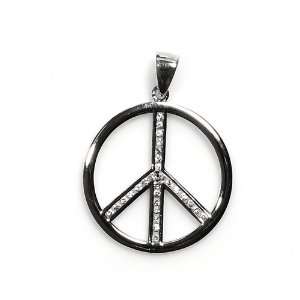  Peace Sign Pendant with Clear CZ   Sterling Silver   Size 