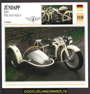 1938 ZUNDAPP K800 w/ Steib Sidecar MOTORCYCLE Fact CARD  
