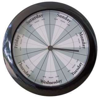 DAY OF THE WEEK CLOCK 171B Black plastic frame 8 1/2 tells you day of 