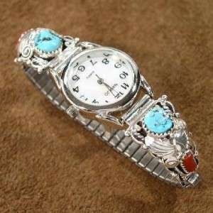   American Turquoise Coral Sterling Silver Ladies Watch by Navajo SY