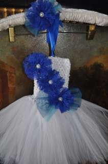 white tutu dress royal blue lace flower bow girl 0,1,2  