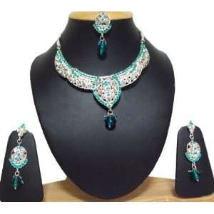   Bollywood Awesome Necklace Earring Tikka Set Faux Lapis Beads Jewelry