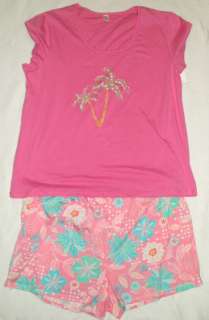 New Womens 100% Cotton Knit Pajamas pink t Shirt Shorts Palm Tree L or 