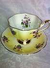 Queen Anne Cup and Saucer Footed Yellow with Purple Violets Gold Trim
