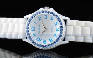   Fashion Crystal Men Lady White Silicone Gel Rubber Jelly Sport Watch