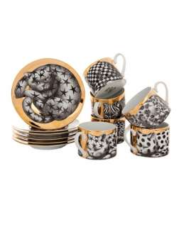 Fornasetti Printed Porcelain Cup And Saucers   L’Eclaireur 