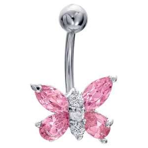  Pink CZ Winged Butterfly Belly Button Navel Ring Jewelry