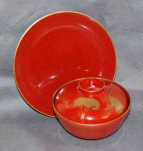 Japanese Cinnabar Lacquer Gilt Bowl Cover & Plate  