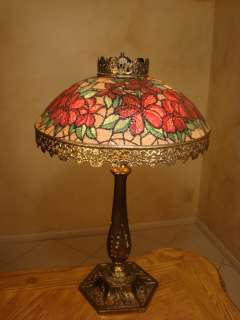 FINE OLD FRENCH BRASS & HAND PAINTED GLASS LAMP  
