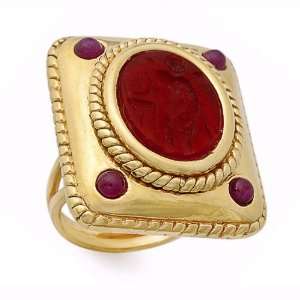   14k Yellow Gold Ruby Colored Venetian Cameo and Rubies Ring, Size 9
