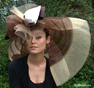 Womens Kentucky Derby Hat Huge Wide Brim Off the Face Brown Tan 