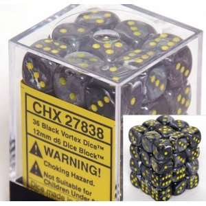  Black w/Yellow Vortex 12mm D6 Det of 36 Toys & Games