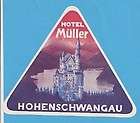MULLER Hotel luggage label HOHENSCHWANGAU Germany palace river