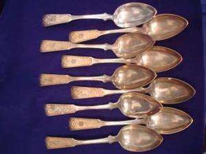 Set of 9 Russian Sterling Silver Lg Serving Spoons 1845 fancy  