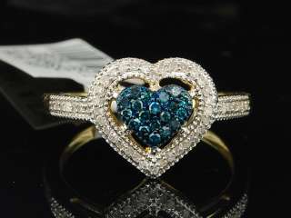   GOLD BLUE HEART DIAMOND ENGAGEMENT RING WEDDING BAND BRIDAL SET  
