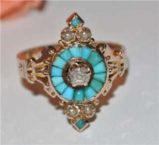 Amazing ANTIQUE VICTORIAN 14K GOLD Diamond SEED TURQUOISE PEARL RING 