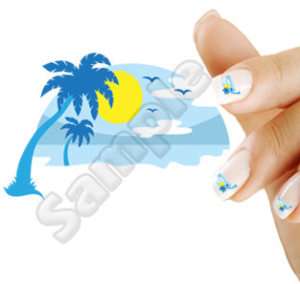 20 Nail Art Decals Island Sunset Beach Palm Tree Blue  