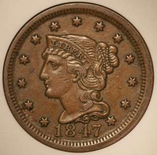 1847 Braided Hair Large Cent ANACS Graded Certified EF45 Penny Coin 1C 
